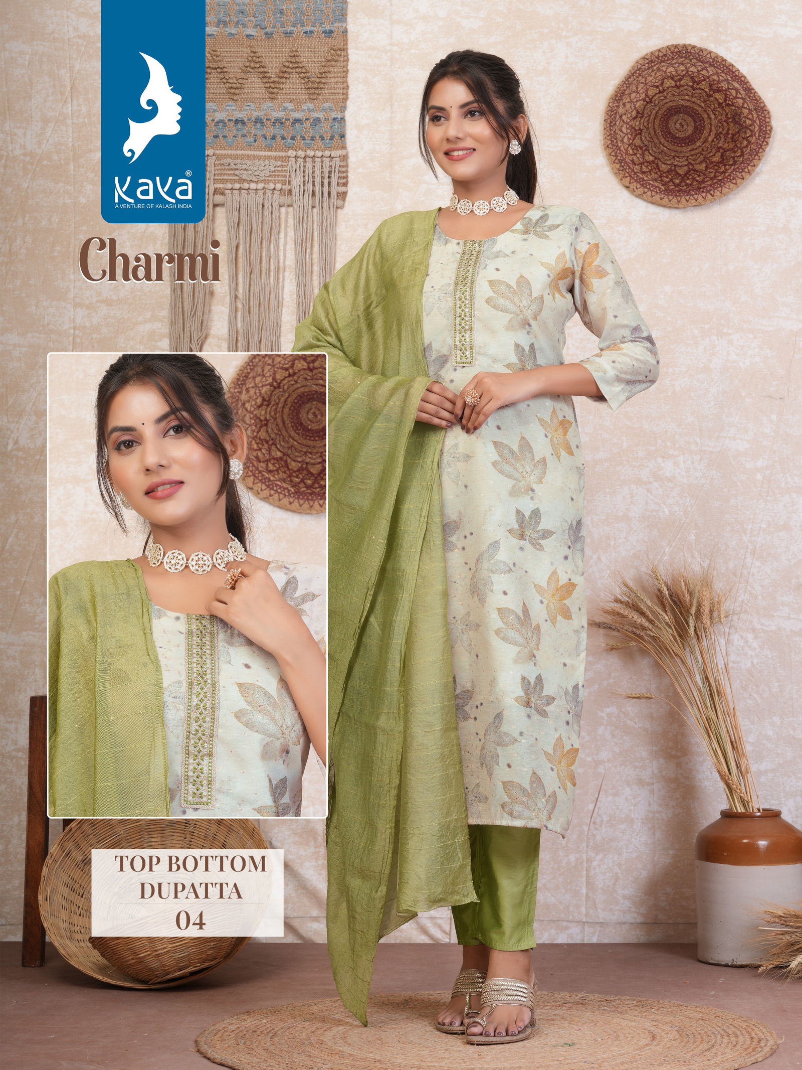 Charmi By Kaya Chanderi Butti Silk Kurti With Bottom Dupatta Wholesale Price In Surat